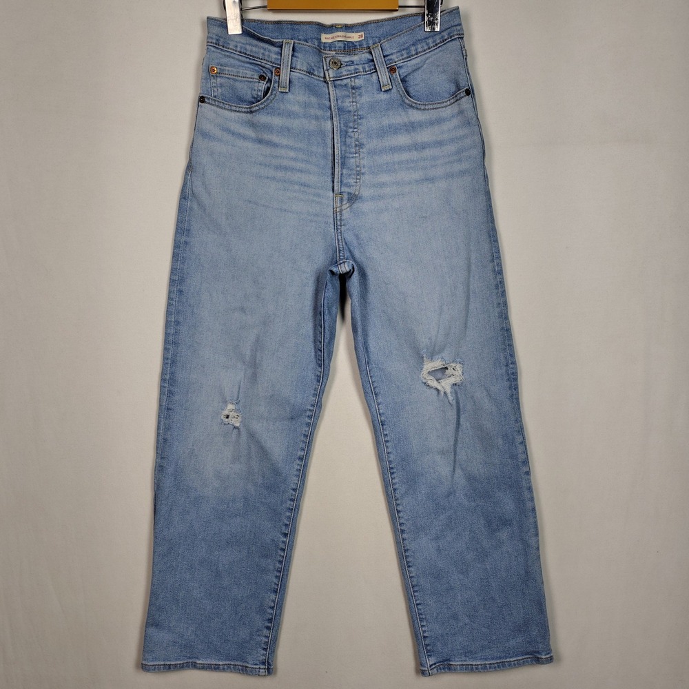 Levis Ribcage Straight Ankle Jeans Light Wash Distressed High Rise 28 x 25